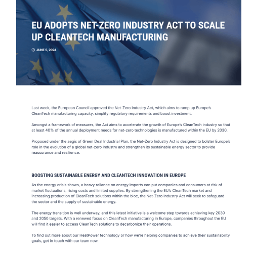 EU Adopts Net-Zero Industry Act to Scale Up CleanTech Manufacturing