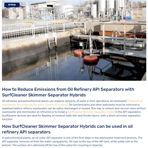 How to Reduce Emissions from Oil Refinery API Separators with SurfCleaner Skimmer Separator Hybrids