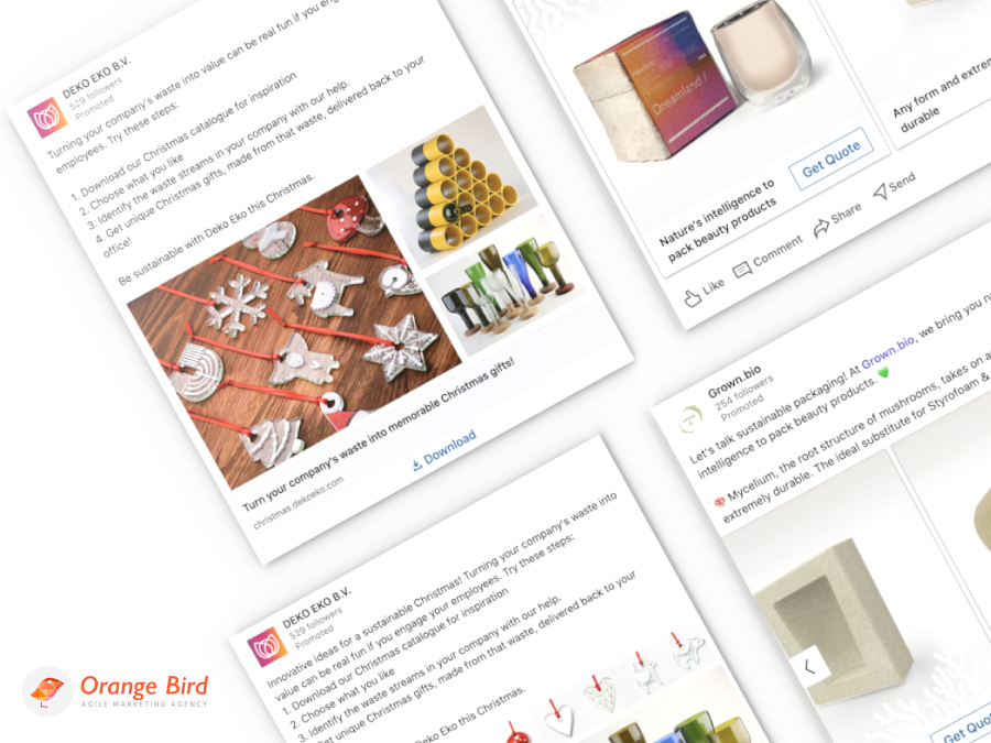Voorbeeld van leadgeneratie. Linkedin advertentiecampagnes voor op duurzaamheid gerichte bedrijven Grown.bio en Deko Eko.