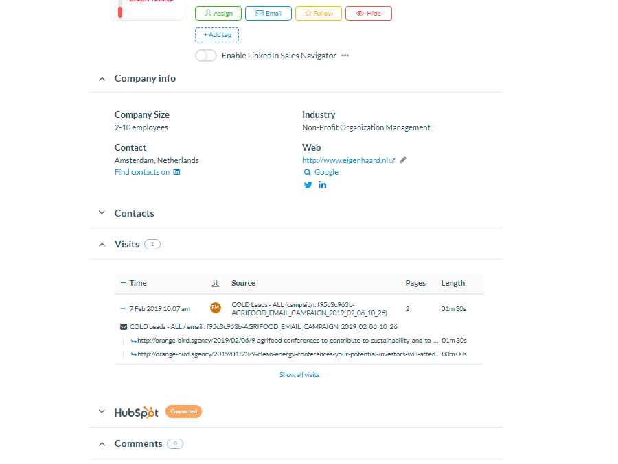 Company’s overview in Leadfeeder