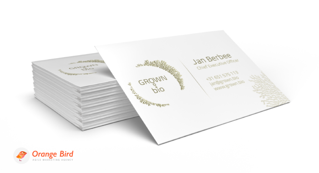 Business card for Grown.bio – biotechnology company creating high performance and natural products that are safe and sustainable.