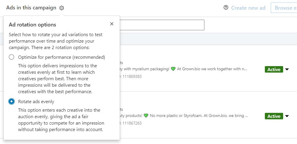 Ad rotation LinkedIn Lead Gen ads in a campaign for clean technology marketing