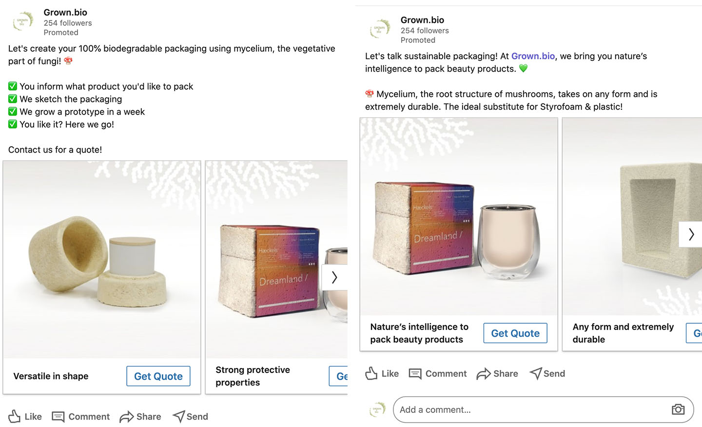 LinkedIn Ads gemaakt voor Grown.bio waarin twee van de duurzame verpakkingsproducten van het bedrijf worden getoond.