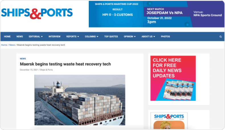 A screenshot of Ships & Ports website. The web page shows the company's header and navigation bar, along with ads on the right-hand side of the screen. A News article entitled, 'Maersk begins testing waste heat recovery tech', is shown above an image of a light blue container ship.
