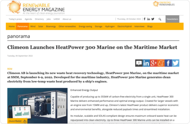 A screenshot of the Renewable Energy Magazine website. Beneath the header image and orange navigation bar, the title of the page reads, 'Climeon Launches HeatPower 300 Marine on the Maritime Market'. Additional black text is shown on a white background alongside an image of the HeatPower 300 Marine unit and a tablet showing a screenshot of Climeon Live software.