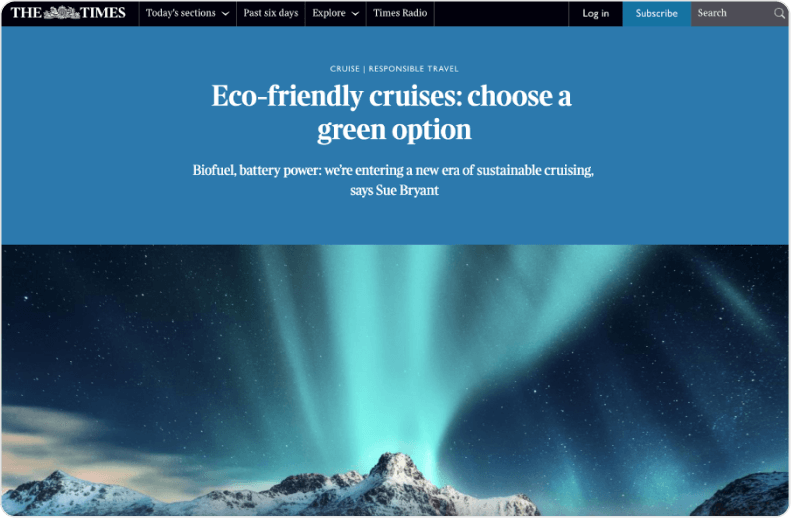 A screenshot of The Times website. The header shows white text on a blue background which reads, 'Eco-friendly cruises: choose a green option'. Beneath this, a large image of a mountain range if shown with a blue and green star-filled sky.