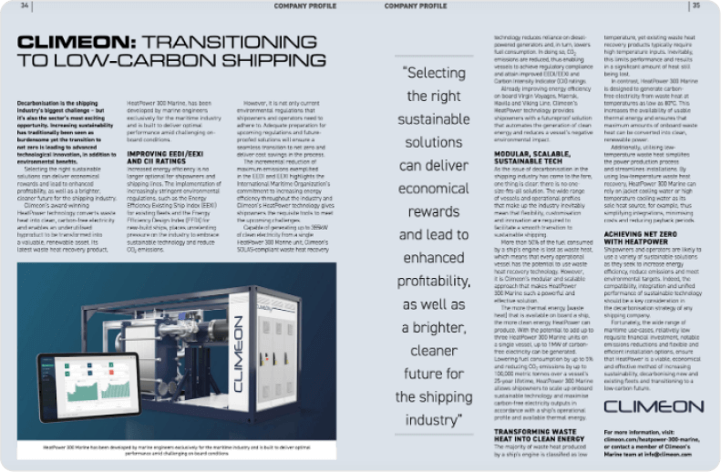 A screenshot of Climeon's editorial in Clean Shipping International Magazine. The piece is titled: 'Climeon: Transitioning to Low-Carbon Shipping' and extends across two pages. On the bottom left of the left page, an image of the HeatPower 300 Marine unit is shown alongside an image of Climeon Live software depicted on a tablet.