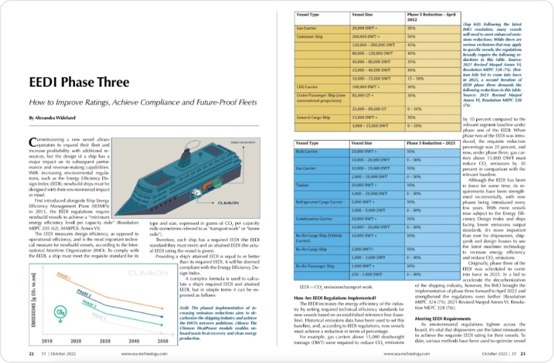 A screenshot of Climeon's EEDI Phase Three article, as published in the Autumn 2022 edition of Sea Technology magazine.
