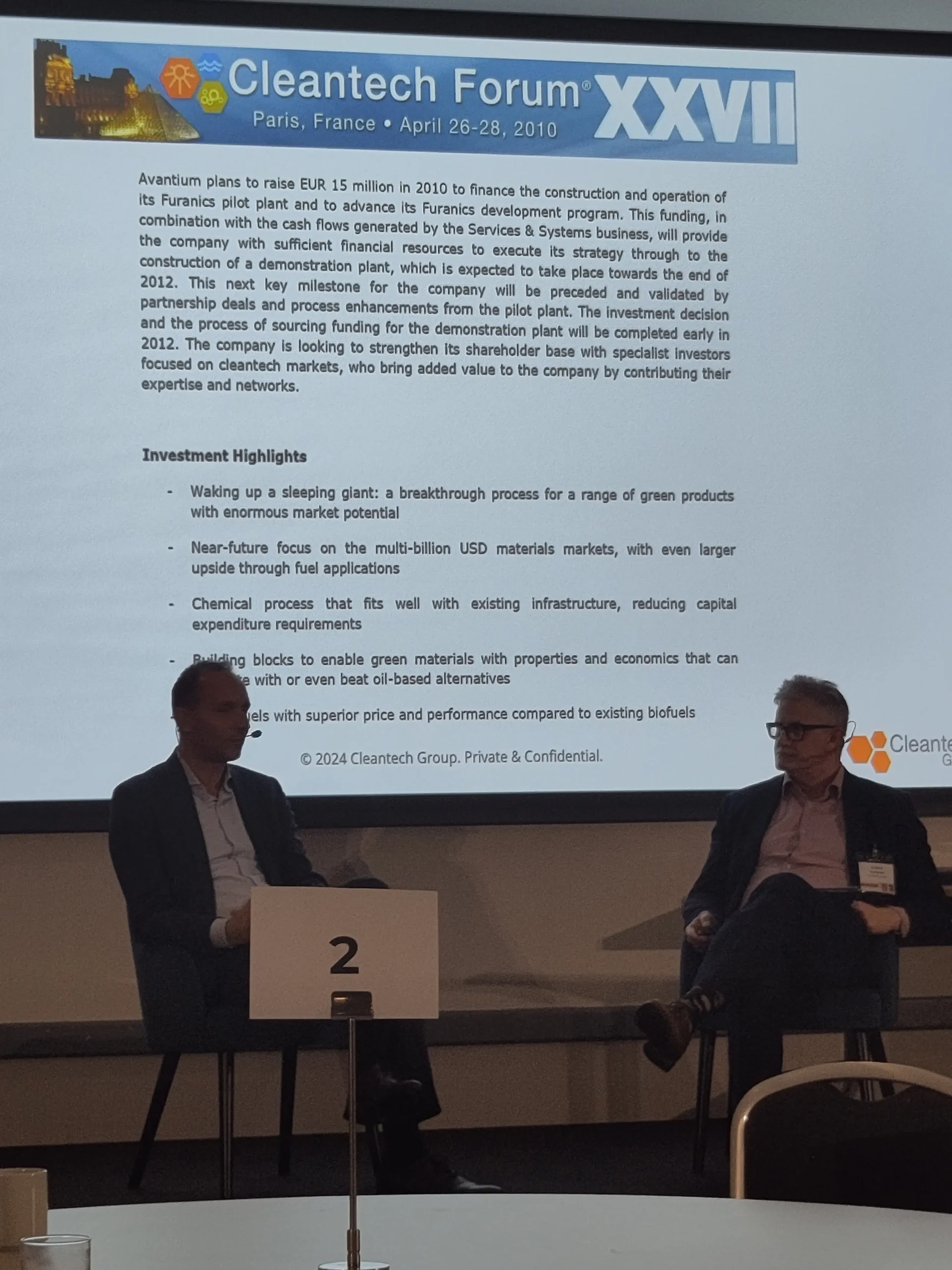 Avantium’s Tom van Aken and Cleantech Group’s Richard Youngman sharing insights at the Cleantech Forum Europe.